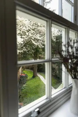 a window with a view of a tree seen through it at Entire cottage & private garden in Scorton in Scorton