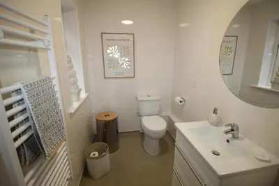 a bathroom with a toilet and a sink and a mirror at The Bungalow and Studio Apartments in Lytham St Annes