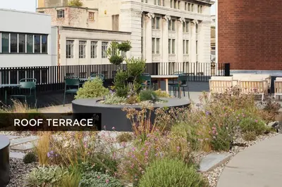 a roof terrace with flowers in a garden at LIVINGWAY Roco in Liverpool