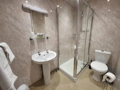 a bathroom with a shower and a sink and a toilet at The Lumada in Blackpool