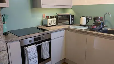 a kitchen with a counter top with a stove and a microwave at Corner Cottage at Brackenthwaite Farm in Carnforth