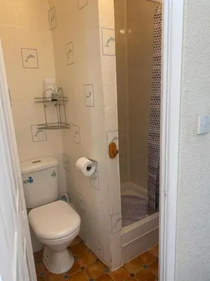 a bathroom with a toilet and a shower at Crosby Hotel in Blackpool