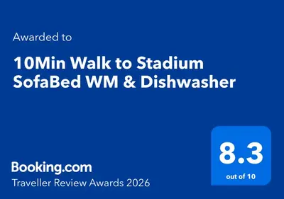 a screenshot of a cell phone with the text upgraded to min walk to stadium at 10Min Walk to Stadium SofaBed WM & Dishwasher in Liverpool