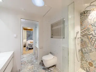 a bathroom with a toilet and a shower at The Stables in Longridge