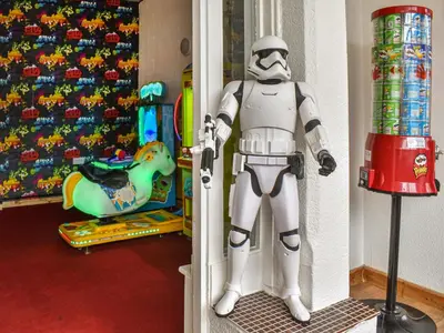 a star wars storm trooper standing in a room at Apartment 786 At The Granville in Blackpool