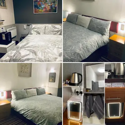 a collage of four pictures of a bedroom at Bromptons in Blackpool