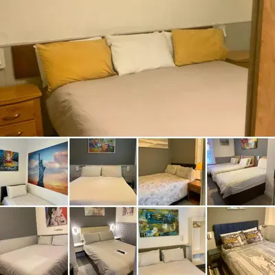 a collage of pictures of a bedroom with a bed at Bromptons in Blackpool