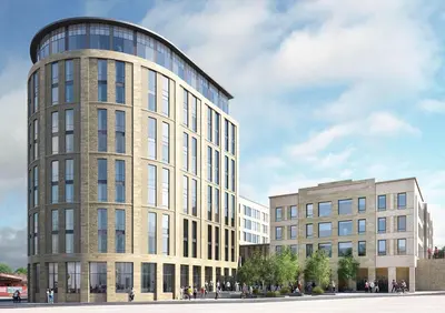 a rendering of a tall building next to two buildings at For Students Aparto Caton Court Lancaster in Lancaster