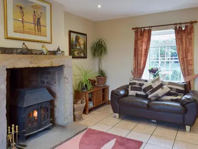 a living room with a leather couch and a fireplace at West Boundary Farm Cottage 1 in Pilling