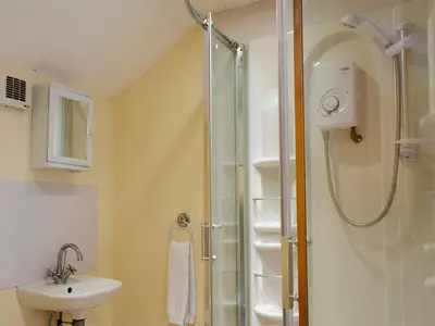 a bathroom with a shower and a sink at West Boundary Farm Cottage 2 in Pilling