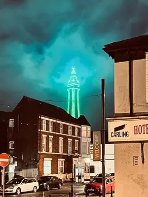 a lit up tower in the background of a city at B&B Runway Blackpool - Minutes From Winter Gardens - Dog Friendly - Exceptionally Quiet - Very Close H&A Social Club in Blackpool