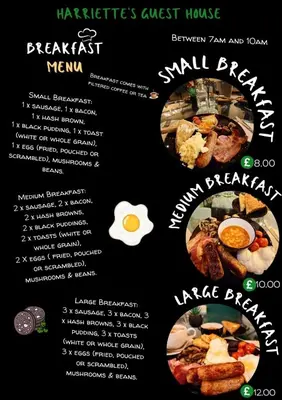a menu for a breakfast restaurant with eggs and food at Harriette's Guest House in Blackpool