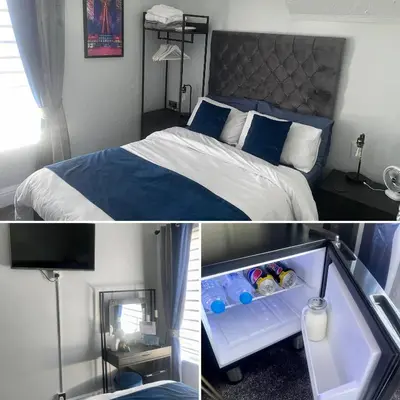 two pictures of a bedroom with a bed and a room at Lee & Chris's Belvedere - Adults Only in Blackpool