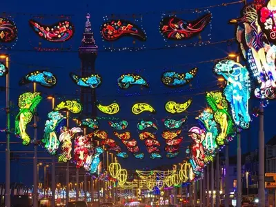 a display of chinese lanterns and the eiffel tower at night at Adina Hotel in Blackpool