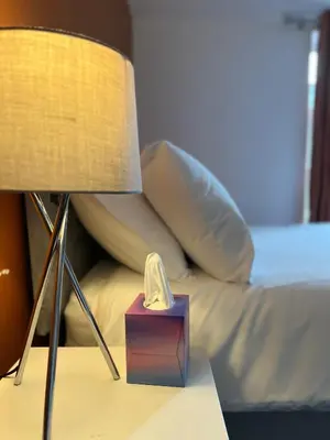 a bed with a box of tissues next to a lamp at The Pier Suite Serviced Apartment Blackpool in Blackpool