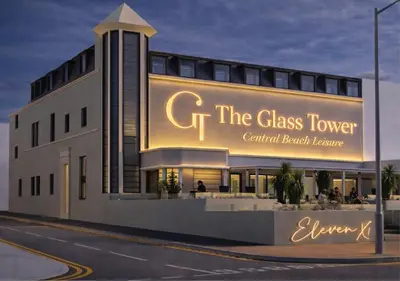 a building with a sign that reads the glass tower at Glass Tower - By Central Beach Leisure in Blackpool