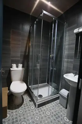 a bathroom with a shower and a toilet and a sink at Ferny House in Blackpool