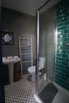 a bathroom with a shower and a toilet and a sink at Ferny House in Blackpool
