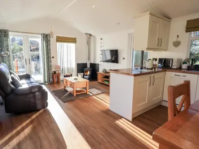 a kitchen and living room with a couch and a table at Pippin Lodge in Grange Over Sands