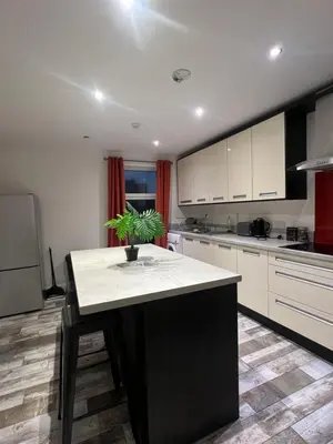 a kitchen with a island with a potted plant on it at Tower Suite Serviced Apartment Blackpool in Blackpool