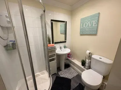 a bathroom with a shower and a toilet and a sink at Fulwood House in Grimsargh