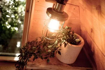 a lamp and a potted plant on a window sill at Pattys Barn Holiday Cottages, Cabins and Venue Hire in Cockerham
