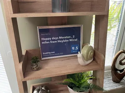 a shelf in a room with a picture and plants at Happy days Moreton , 2 miles from Hoylake Wirral in Moreton