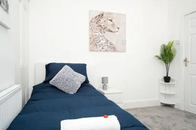 a bedroom with a blue bed and a picture of a tiger at DACY LODGE, Anfield - Strictly NO Parties in Liverpool