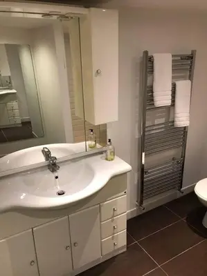 a bathroom with a sink and a mirror and a toilet at Private garden apartment with secure parking in Southport