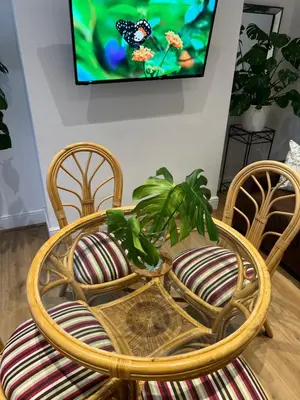 a table and chairs with a plant and a tv at 2025 Award Winner Liverpool Cherry House - 4 Bedrooms in Liverpool