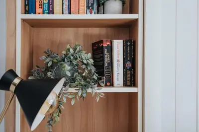 a book shelf with books and a plant on it at Alexandra - WiFi Parking Garden in Walton le Dale