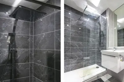 two pictures of a bathroom with a shower and a sink at *Liverpool City Centre Modern Stylish Apartment in Liverpool