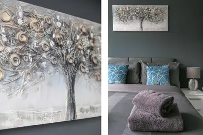 two pictures of a bedroom with a tree mural at *Liverpool City Centre Modern Stylish Apartment in Liverpool