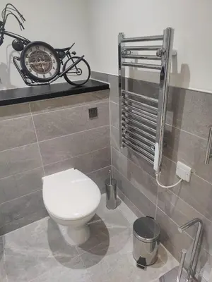 a bathroom with a toilet and a bike on a shelf at Liverpool modern family living in Liverpool