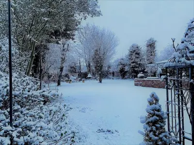 a yard covered in snow with a fence at Winter Escape with heated pool in Roby