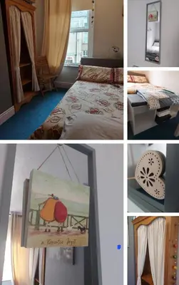 a collage of pictures of a bedroom with a bed at Morecambe Seaside Room in Heysham