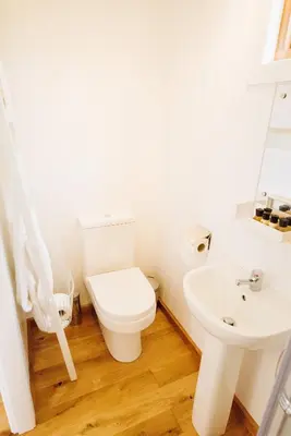 a white bathroom with a toilet and a sink at The Hamlet at Samlesbury Hall in Balderstone