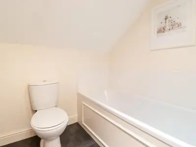 a white bathroom with a toilet and a bath tub at Church View in Grange Over Sands