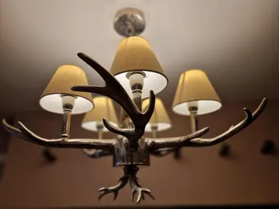 a chandelier with deer antlers and three lights at The Hamilton luxury holiday let's- The Coach House with hot tub in Scorton