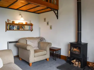 a living room with a chair and a wood stove at Mount Cottage in Wennington