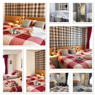 a collage of four pictures of a bedroom at The Rutland in Blackpool