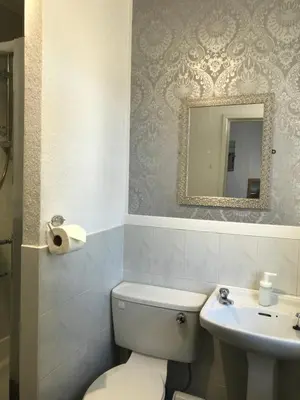 a bathroom with a toilet and a sink and a mirror at The Rutland in Blackpool