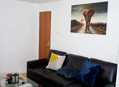 a black leather couch with pillows and an elephant painting at The Oasis - For Contractors and Individuals in Wigan