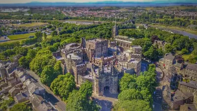 an aerial view of a castle in a city at Riverside House Lancaster - 2 bedroom house in Lancaster
