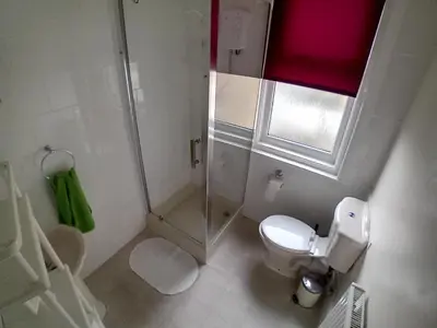 a white bathroom with a shower and a toilet at Number twenty five in Blackpool