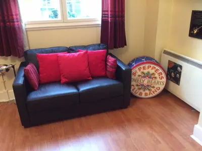 a black leather couch with pink pillows in a living room at Beatles Apartment in Liverpool