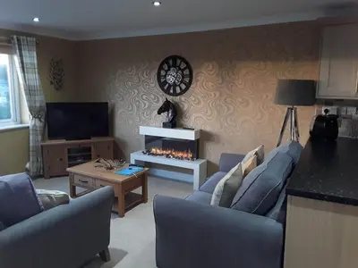 a living room with two couches and a fireplace at no 7 boutique apartment in Ulverston