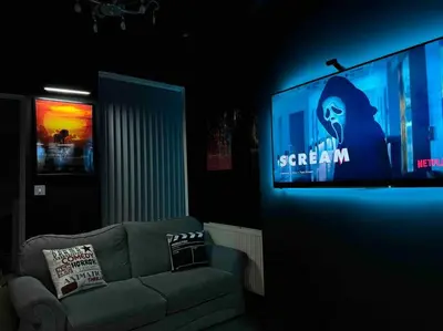 a living room with a couch and a large screen at Now Screening…Large Movie Place 60 Inch TV (Sleep 11) in Liverpool