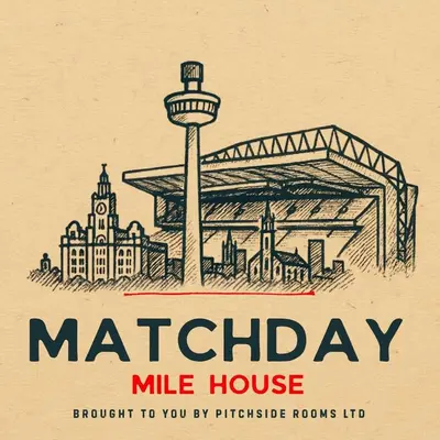 a sign for a mile house with a drawing of a station at Matchday Mile House Walk to Anfield sleeps 8 in Liverpool