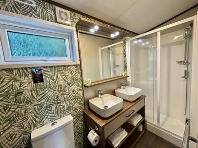 a bathroom with a toilet and a sink and a shower at Luxury Langham Lodge in Clitheroe